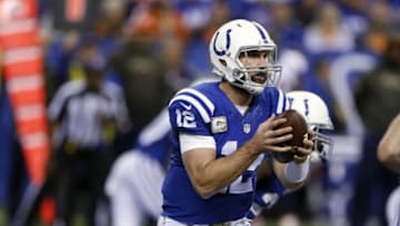 Nov 8, 2015; Indianapolis, IN, USA; Indianapolis Colts quarterback Andrew Luck (12) throws a pass against the Denver Broncos at Lucas Oil Stadium. Indianapolis defeats Denver 27-24. Mandatory Credit: Brian Spurlock-USA TODAY Sports