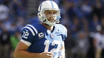 Oct 25, 2015; Indianapolis, IN, USA; Indianapolis Colts quarterback Andrew Luck (12) trots off the field during a game against the New Orleans Saints at Lucas Oil Stadium. Mandatory Credit: Brian Spurlock-USA TODAY Sports