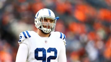 Jan 11, 2015; Denver, CO, USA; Indianapolis Colts linebacker Bjoern Werner (92) against the Denver Broncos in the 2014 AFC Divisional playoff football game at Sports Authority Field at Mile High. The Colts defeated the Broncos 24-13. Mandatory Credit: Mark J. Rebilas-USA TODAY Sports