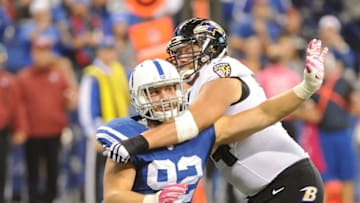 Oct 5, 2014; Indianapolis, IN, USA; Indianapolis Colts defender Bjoern Werner(92) goes up against a Baltimore Ravens defender in the second half at Lucas Oil Stadium. Colts won, 20-13. Mandatory Credit: Thomas J. Russo-USA TODAY Sportss