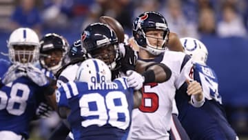 Dec 20, 2015; Indianapolis, IN, USA; Houston Texans quarterback T.J. Yates (6) prepares to throw the ball against the Indianapolis Colts during the first half at Lucas Oil Stadium. Mandatory Credit: Brian Spurlock-USA TODAY Sports