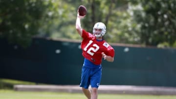 Jun 7, 2016; Indianapolis, IN, USA; Indianapolis Colts quarterback Andrew Luck (12) throws a pass during mini camp at the Indiana Farm Bureau Center. Mandatory Credit: Brian Spurlock-USA TODAY Sports