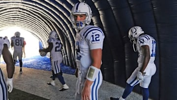 Aug 22, 2015; Indianapolis, IN, USA; Indianapolis Colts quarterback Andrew Luck (12) waits along with other offensive players in the tunnel prior to being introduced for their pre-season game against the Chicago Bears at Lucas Oil Stadium. Mandatory Credit: Thomas J. Russo-USA TODAY Sports