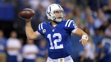 Sep 21, 2015; Indianapolis, IN, USA; Indianapolis Colts quarterback Andrew Luck (12) throws a pass during an NFL football game against the New York Jets at Lucas Oil Stadium. Mandatory Credit: Kirby Lee-USA TODAY Sports