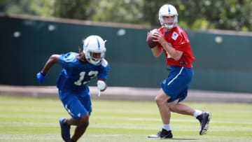 Jun 7, 2016; Indianapolis, IN, USA; Indianapolis Colts quarterback Andrew Luck (12) throws a pass to wide receiver T.Y. Hilton (13) during mini camp at the Indiana Farm Bureau Center. Mandatory Credit: Brian Spurlock-USA TODAY Sports