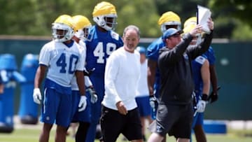 Jun 7, 2016; Indianapolis, IN, USA; Indianapolis Colts coach Chuck Pagano watches the Colts practice during mini camp at the Indiana Farm Bureau Center. Mandatory Credit: Brian Spurlock-USA TODAY Sports