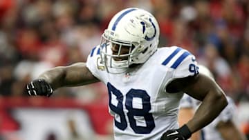 Nov 22, 2015; Atlanta, GA, USA; Indianapolis Colts linebacker Robert Mathis (98) celebrates after a teammate recovered a fumble in the third quarter of their game against the Atlanta Falcons at the Georgia Dome. The Colts won 24-21. Mandatory Credit: Jason Getz-USA TODAY Sports