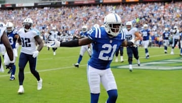 Sep 27, 2015; Nashville, TN, USA; Indianapolis Colts cornerback Vontae Davis (21) reacts after allowing a touchdown reception during the second half against the Tennessee Titans at Nissan Stadium. Mandatory Credit: Christopher Hanewinckel-USA TODAY Sports