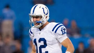 Nov 2, 2015; Charlotte, NC, USA; Indianapolis Colts quarterback Andrew Luck (12) tries to fire up his teammates prior to the game against the Carolina Panthers at Bank of America Stadium. Mandatory Credit: Jeremy Brevard-USA TODAY Sports