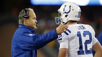Jan 18, 2015; Foxborough, MA, USA; Indianapolis Colts head coach Chuck Pagano (left) greets quarterback Andrew Luck (12) after a touchdown against the New England Patriots in the second quarter in the AFC Championship Game at Gillette Stadium. Mandatory Credit: David Butler II-USA TODAY Sports