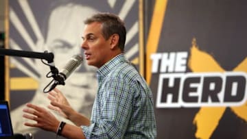 Feb 1, 2016; San Francisco, CA, USA; Radio personality Colin Cowherd broadcasts on radio row at the Moscone Center in advance of Super Bowl 50 between the Carolina Panthers and the Denver Broncos. Mandatory Credit: Jerry Lai-USA TODAY Sports