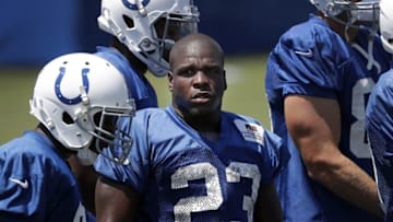 Jul 27, 2016; Anderson, IN, USA; Indianapolis Colts running back Frank Gore (23) during training camp at Anderson University. Mandatory Credit: Matt Kryger/Indianapolis Star via USA TODAY Sports