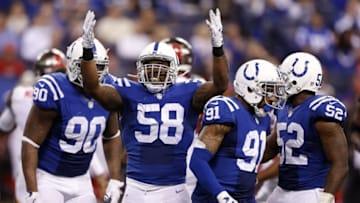 Nov 29, 2015; Indianapolis, IN, USA; Indianapolis Colts tight linebacker Trent Cole (58) reacts to sacking Tampa Bay Buccaneers quarterback Jameis Winston (3) at Lucas Oil Stadium. Indianapolis defeats Tampa Bay 25-12. Mandatory Credit: Brian Spurlock-USA TODAY Sports