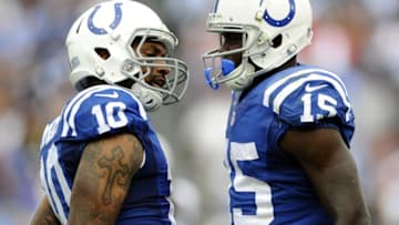 Sep 27, 2015; Nashville, TN, USA; Indianapolis Colts receiver Phillip Dorsett (15) celebrates with receiver Donte Moncrief (10) after a touchdown reception during the second half against the Tennessee Titans at Nissan Stadium. The Colts won 35-33. Mandatory Credit: Christopher Hanewinckel-USA TODAY Sports