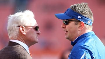 Dec 7, 2014; Cleveland, OH, USA; Cleveland Browns owner Jimmy Haslam talks with Indianapolis Colts assistant coach Rob Chudzinski before a game at FirstEnergy Stadium. Chudzinski was formerly the Cleveland Browns head coach. Mandatory Credit: Ron Schwane-USA TODAY Sports