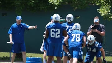 Jun 7, 2016; Indianapolis, IN, USA; Indianapolis Colts center Ryan Kelly (78) squares off in blocking drills against offensive tackle Anthony Castonzo (74) during mini camp at the Indiana Farm Bureau Center. Mandatory Credit: Brian Spurlock-USA TODAY Sports