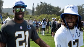 Jan 29, 2016; Kahuku, HI, USA; Indianapolis Colts and Team Rice players Vontae Davis (21) and receiver T.Y. Hilton (13) react during 2016 Pro Bowl practice at Turtle Bay Resort. Mandatory Credit: Kirby Lee-USA TODAY Sports