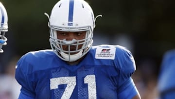 Aug 5, 2015; Anderson, IN, USA; Indianapolis Colts offensive tackle Denzelle Good (71) waits his turn to go through drills during training camp at Anderson University. Mandatory Credit: Brian Spurlock-USA TODAY Sports