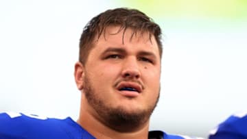 Aug 14, 2015; Cincinnati, OH, USA; New York Giants guard Eric Herman (62) in a preseason NFL football game against the Cincinnati Bengals at Paul Brown Stadium. Mandatory Credit: Andrew Weber-USA TODAY Sports