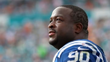 Dec 27, 2015; Miami Gardens, FL, USA; Indianapolis Colts defensive end Kendall Langford (90) looks on during the second half against the Miami Dolphins at Sun Life Stadium. The Colts won 18-12. Mandatory Credit: Steve Mitchell-USA TODAY Sports