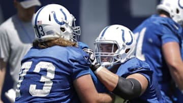 Jul 27, 2016; Anderson, IN, USA; Indianapolis Colts center Ryan Kelly works with Joe Haeg during training camp at Anderson University. Mandatory Credit: Matt Kryger/Indianapolis Star via USA TODAY Sports