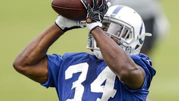 Jul 28, 2016; Anderson, IN, USA; Indianapolis Colts running back Josh Ferguson (34) hauls in a catch during the Indianapolis Colts NFL training camp at Anderson University. Mandatory Credit: Mykal McEldowney/Indy Star via USA TODAY NETWORK