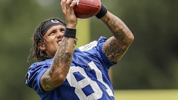 Jul 28, 2016; Anderson, IN, USA; Indianapolis Colts wide receiver Brian Tyms (81) pulls in a catch during the Indianapolis Colts NFL training camp at Anderson University. Mandatory Credit: Mykal McEldowney/Indy Star via USA TODAY NETWORK