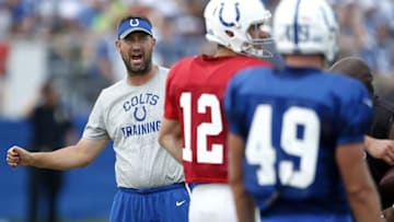 Aug 4, 2016; Anderson, IN, USA; Indianapolis Colts quarterback coach Brian Schottenheimer yells drill directions to his quarterbacks during the Indianapolis Colts NFL training camp at Anderson University. Mandatory Credit: Mykal McEldowney/Indy Star via USA TODAY NETWORK