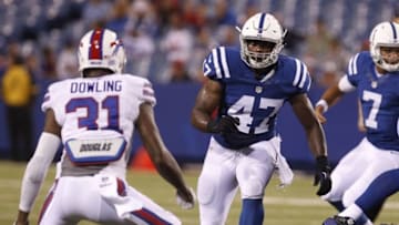 Aug 13, 2016; Orchard Park, NY, USA; Indianapolis Colts tight end Emil Igwenagu (47) against the Buffalo Bills at Ralph Wilson Stadium. Colts beat the Bills 19 to 18. Mandatory Credit: Timothy T. Ludwig-USA TODAY Sports