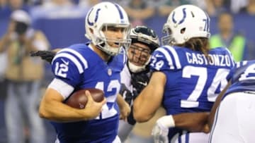 Aug 27, 2016; Indianapolis, IN, USA; Indianapolis Colts quarterback Andrew Luck (12) runs out of the pocket during the first half against the Philadelphia Eagles Lucas Oil Stadium. Mandatory Credit: Thomas J. Russo-USA TODAY Sport