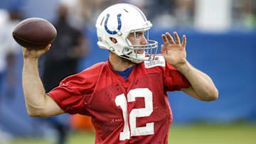 Jul 28, 2016; Anderson, IN, USA; Indianapolis Colts quarterback Andrew Luck (12) drops back to pass during the Indianapolis Colts NFL training camp at Anderson University. Mandatory Credit: Mykal McEldowney/Indy Star via USA TODAY NETWORK