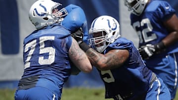 Jul 27, 2016; Anderson, IN, USA; Indianapolis Colts offensive lineman Hugh Thornton and Jack Mewhort during training camp at Anderson University. Mandatory Credit: Matt Kryger/Indianapolis Star via USA TODAY Sports