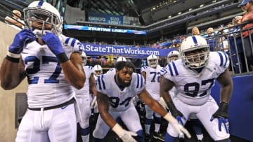 Aug 20, 2016; Indianapolis, IN, USA; Indianapolis Colts wait before running onto the field during introductions before their home game against the Baltimore Ravens at Lucas Oil Stadium. Mandatory Credit: Thomas J. Russo-USA TODAY Sports