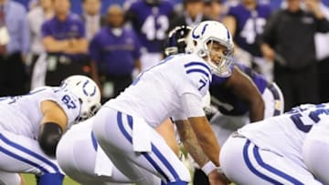 Aug 20, 2016; Indianapolis, IN, USA; Indianapolis Colts quarterback Stephen Morris (7) gets ready to drop back against the Baltimore ravens in the second half at Lucas Oil Stadium. Mandatory Credit: Thomas J. Russo-USA TODAY Sports