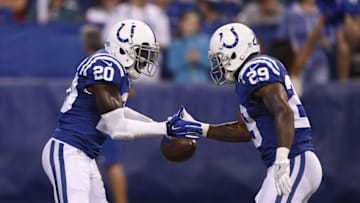 Aug 27, 2016; Indianapolis, IN, USA; Indianapolis Colts cornerback Darius Butler (20) celebrates with safety Mike Adams (29) after intercepting a pass against the Philadelphia Eagles at Lucas Oil Stadium. Mandatory Credit: Brian Spurlock-USA TODAY Sports