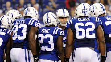 Aug 27, 2016; Indianapolis, IN, USA; Indianapolis Colts quarterback Andrew Luck (12) calls a play in the huddle during the first half against the Philadelphia Eagles Lucas Oil Stadium. Mandatory Credit: Thomas J. Russo-USA TODAY Sports