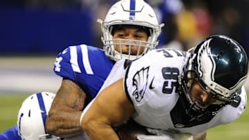 Aug 27, 2016; Indianapolis, IN, USA; Indianapolis Colts linebacker Antonio Morrison (44) grabs Philadelphia Eagles tight end Chris Pantale (85) at Lucas Oil Stadium. Mandatory Credit: Thomas J. Russo-USA TODAY Sports
