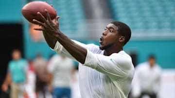 Sep 1, 2016; Miami Gardens, FL, USA; Miami Dolphins defensive back Rashaan Melvin (5) hauls in a catch during warm ups prior to the game against the Tennessee Titans at Hard Rock Stadium. Mandatory Credit: Steve Mitchell-USA TODAY Sports