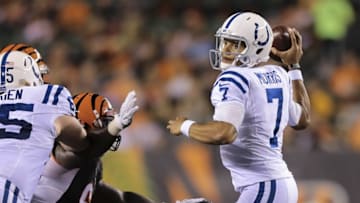 Sep 1, 2016; Cincinnati, OH, USA; Indianapolis Colts quarterback Stephen Morris (7) looks to pass in the first half against the Cincinnati Bengals in a preseason NFL football game at Paul Brown Stadium. Mandatory Credit: Aaron Doster-USA TODAY Sports