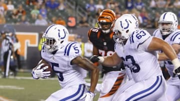 Sep 1, 2016; Cincinnati, OH, USA; Indianapolis Colts wide receiver Tevaun Smith (5) carries the ball as he scores a touchdown during the fourth quarter of a preseason NFL football game against the Cincinnati Bengals at Paul Brown Stadium. The Colts 13-10. Mandatory Credit: David Kohl-USA TODAY Sports