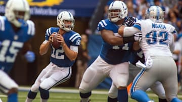 Sep 11, 2016; Indianapolis, IN, USA; Indianapolis Colts quarterback Andrew Luck (12) passes the ball in the first quarter of the game against the Detroit Lions at Lucas Oil Stadium. Mandatory Credit: Trevor Ruszkowski-USA TODAY Sports
