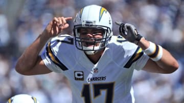 Sep 18, 2016; San Diego, CA, USA; San Diego Chargers quarterback Philip Rivers (17) yells at the line of scrimmage during the second quarter of the game against the Jacksonville Jaguars at Qualcomm Stadium. Mandatory Credit: Orlando Ramirez-USA TODAY Sports