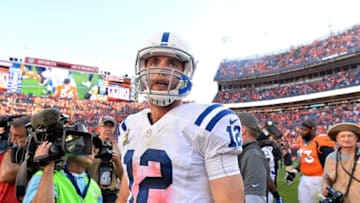 Sep 18, 2016; Denver, CO, USA; Indianapolis Colts quarterback Andrew Luck (12) following the loss to the Denver Broncos at Sports Authority Field at Mile High. The Broncos defeated the Colts 34-20. Mandatory Credit: Ron Chenoy-USA TODAY Sports
