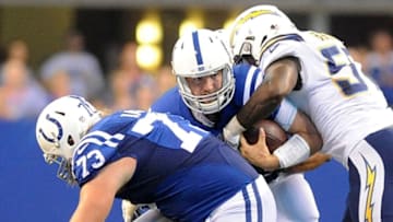 Sep 25, 2016; Indianapolis, IN, USA; Indianapolis quarterback Andrew Luck (12) is tackled and has the ball stripped for a San Diego touchdown at Lucas Oil Stadium. Mandatory Credit: Thomas J. Russo-USA TODAY Sports