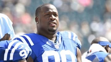 Aug 16, 2015; Philadelphia, PA, USA; Indianapolis Colts defensive end Kendall Langford (90) on the sidelines against the Philadelphia Eagles in a preseason NFL football game at Lincoln Financial Field. The Eagles won 36-10. Mandatory Credit: Eric Hartline-USA TODAY Sports