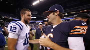 Aug 22, 2015; Indianapolis, IN, USA; Chicago Bears quarterback Jay Cutler (6) talks with Indianapolis Colts quarterback Andrew Luck (12) after their game at Lucas Oil Stadium. Mandatory Credit: Brian Spurlock-USA TODAY Sports