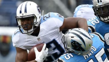 Aug 20, 2016; Nashville, TN, USA; Tennessee Titans running back David Cobb (23) moves the ball on Carolina Panthers linebacker David Mayo (55) in the third quarter of a preseason game at Nissan Stadium. Mandatory Credit: Andrew Nelles / The Tennessean via USA TODAY NETWORK