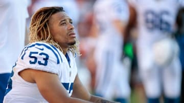 Sep 18, 2016; Denver, CO, USA; Indianapolis Colts linebacker Edwin Jackson (53) looks on from the sideline in the fourth quarter against the Denver Broncos at Sports Authority Field at Mile High. The Broncos won 34-20. Mandatory Credit: Isaiah J. Downing-USA TODAY Sports