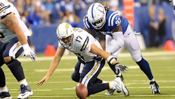 Sep 25, 2016; Indianapolis, IN, USA; San Diego quarterback Phillip Rivers(17) loses the ball while being tackled by Indianapolis Colts linebacker Erik Walden (93) at Lucas Oil Stadium. Mandatory Credit: Thomas J. Russo-USA TODAY Sports