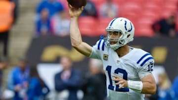 Oct 2, 2016; London, ENG; Indianapolis Colts quarterback Andrew Luck (12) warms up before the game between the Jacksonville Jaguars and the Indianapolis Colts at Wembley Stadium. Mandatory Credit: Steve Flynn-USA TODAY Sports